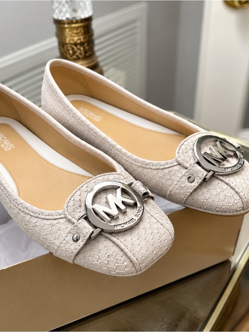 Michael Kors Ivory MK Logo Textured Ballet Flats